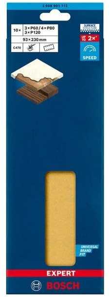 Bosch Expert C470 Schleifblatt-Set, 93 x 230mm, K60 / 80 / 120 (10-teilig, für Schwingschleifer)