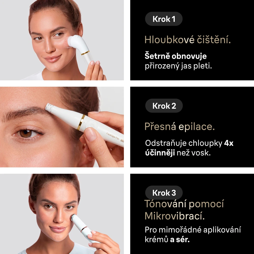 Braun FaceSpa Pro kasvoepilaattori + 3 lisäosaa, 911, valkoinen/pronssi