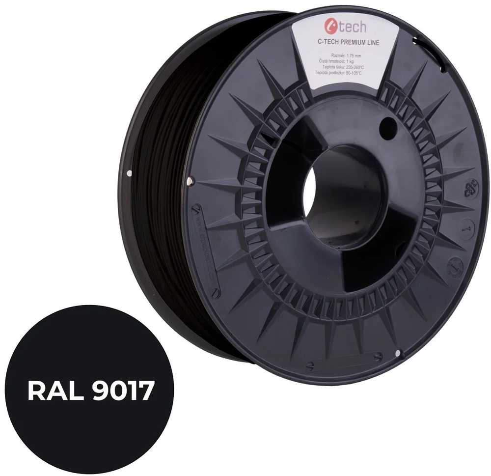 C-TECH Spausdinimo virvelė (gija) PREMIUM LINE, PETG, transportavimo juoda, RAL9017, 1.75mm, 1kg