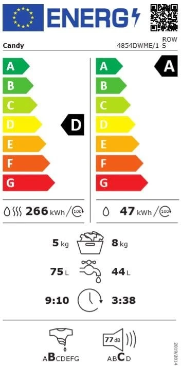 Candy | Skalbimo mašina su džiovintuvu | ROW 4854DWME/1-S | Energinio efektyvumo klasė A | Priekinio pakrovimo | Skalbimo talpa 8kg | 1400 aps./min. | Gylis 53 cm | Plotis 60 cm | Ekranas | TFT | Džiovinimo sistema | Džiovinimo talpa 5kg | Wi-Fi | Balta