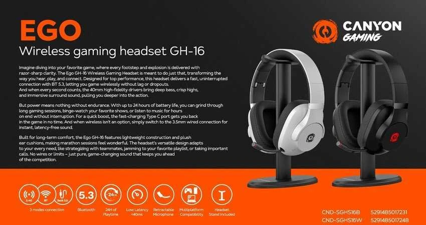 CANYON ausinės EGO GH-16 3in1 2.4Ghz+BT Baltas