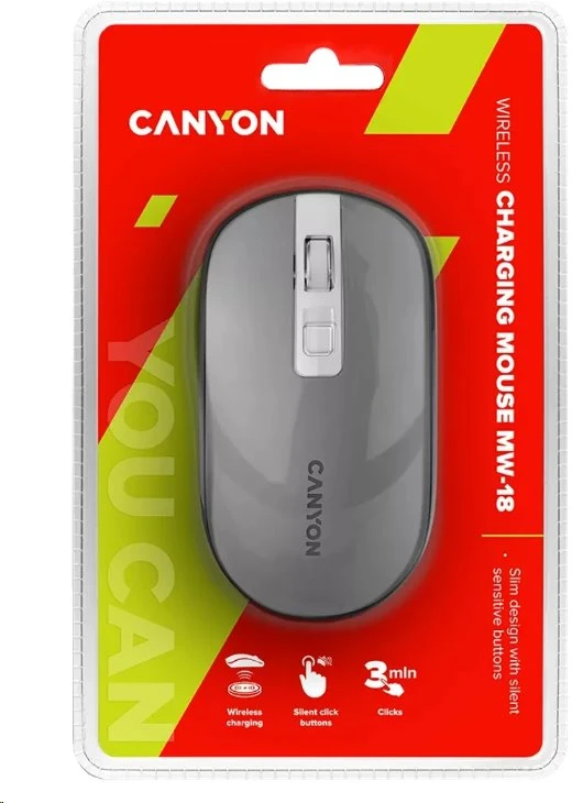 Belaidė įkraunama pelė Canyon MW-18, 4 tylus mygtukai, Pilka