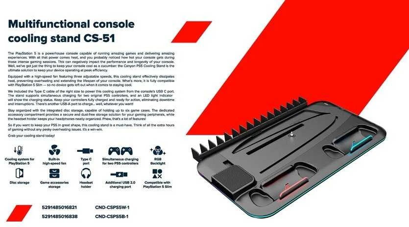 CANYON aušinimo stovas CS-51 RGB PS5 Slim/DE Charge Juodas