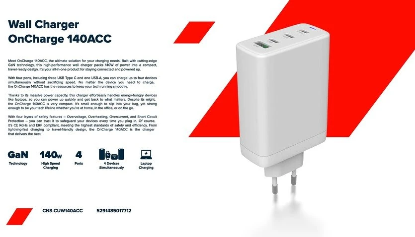 CANYON įkroviklis CU140ACC GaN 150W 3xPD 1xQC EU Baltas
