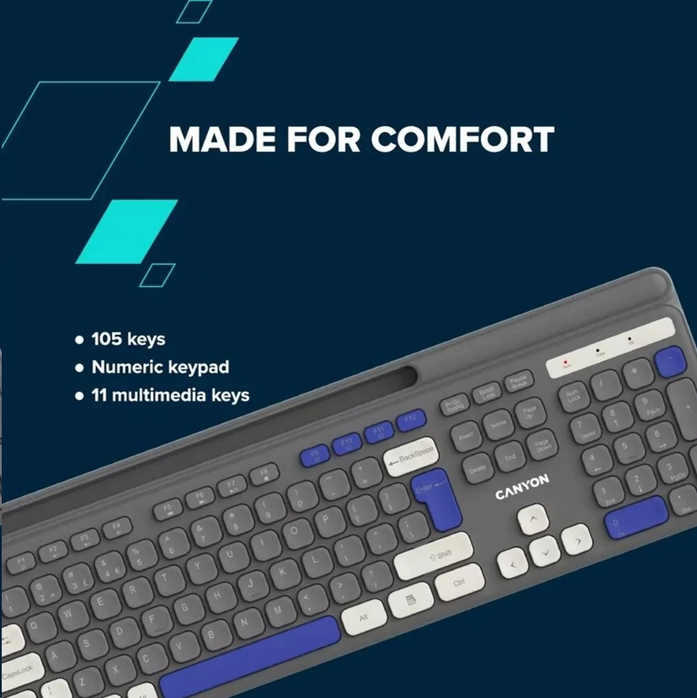 CANYON HKB-W03 wireless CS klaviatūra 2.4 Ghz, 105 keys, 10 million keystrokes, pilkas