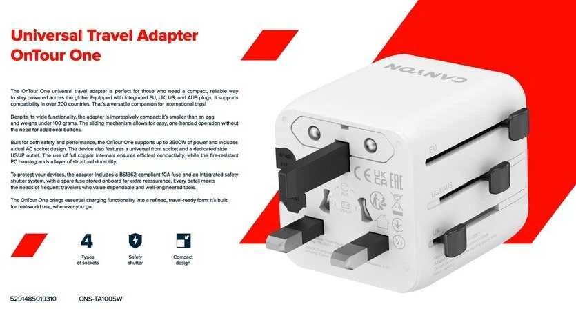CANYON kelioninis adapteris OnTour One ES/JK/JAV/Australijos baltas