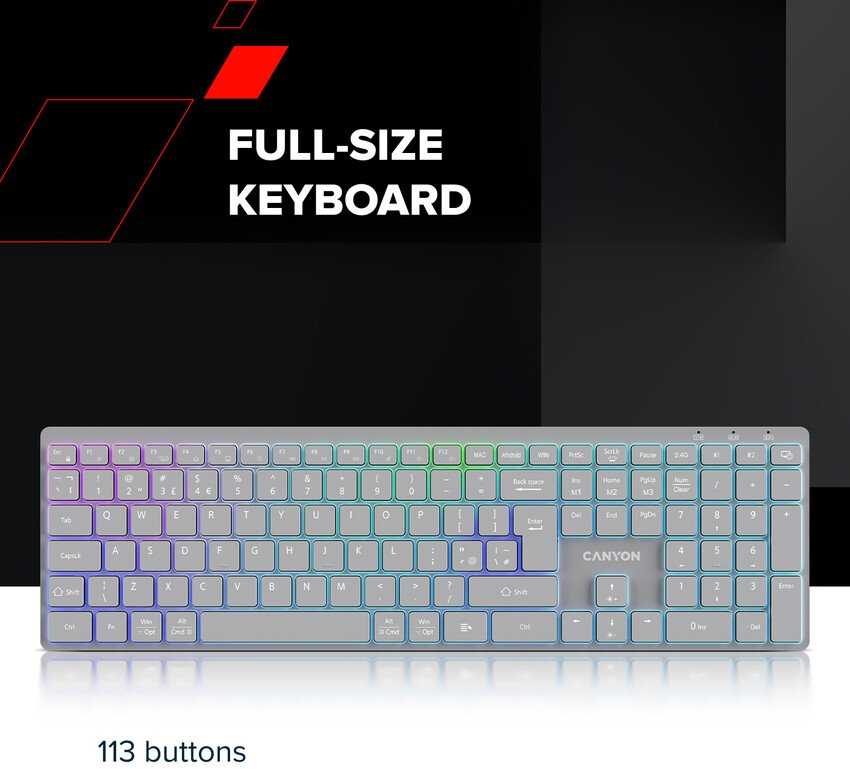 CANYON Belaidė klaviatūra HKB-W11 EN/CS RGB pilkas