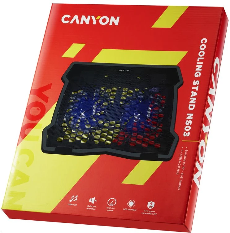 Aušinimo stovas nešiojamam kompiuteriui Canyon CNE-HNS03, iki 15,6", tylūs 2x12cm ventiliatoriai, USB šakotuvas