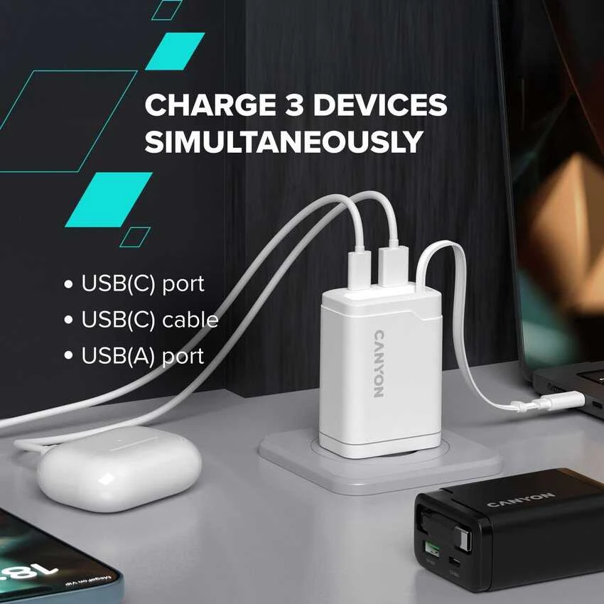 CANYON įkroviklis OnCharge 65RC įmontuojamas laidas USB-C 65W 1xPD 1xQC EU Juodas