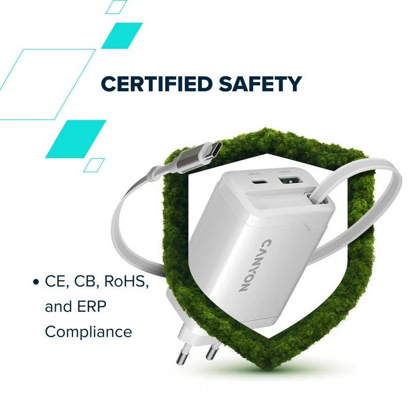 CANYON įkroviklis OnCharge 65RC su integruotu USB-C laidu, 65W, 1xPD, 1xQC, EU, Baltas
