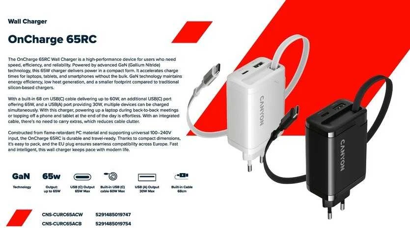 CANYON įkroviklis OnCharge 65RC su integruotu USB-C laidu, 65W, 1xPD, 1xQC, EU, Baltas