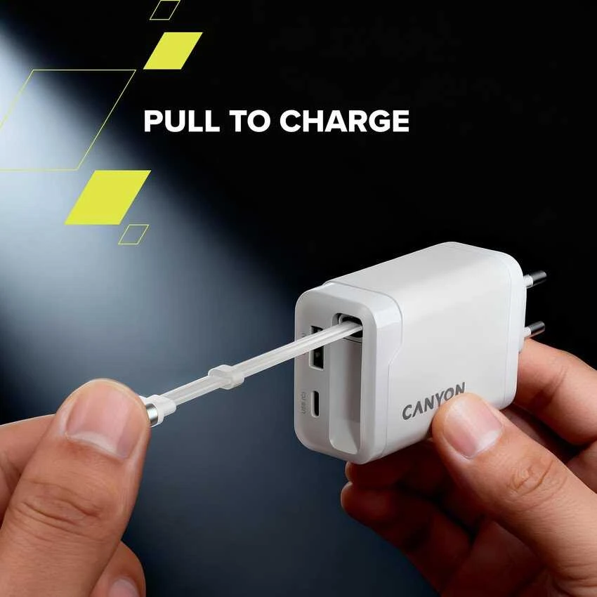 CANYON įkroviklis OnCharge 65RC su integruotu USB-C laidu, 65W, 1xPD, 1xQC, EU, Baltas
