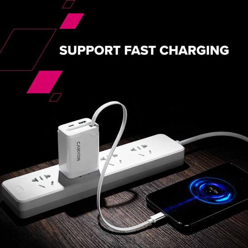 CANYON įkroviklis OnCharge 65RC su integruotu USB-C laidu, 65W, 1xPD, 1xQC, EU, Baltas