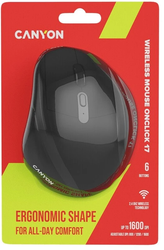 CANYON pelė OnClick 17 Ergonomic 6 buttons 1600DPI Wireless Juodas