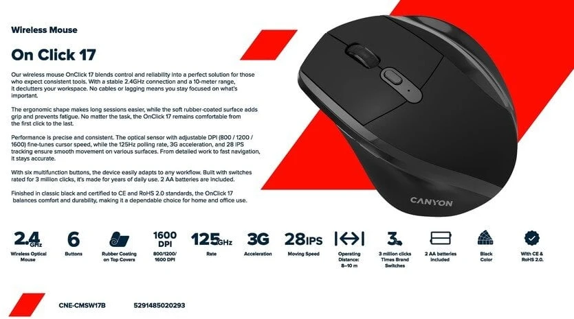 CANYON pelė OnClick 17 Ergonomic 6 buttons 1600DPI Wireless Juodas