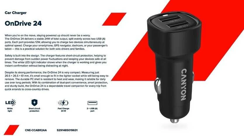 CANYON automobilinis įkroviklis OnDrive 24 24W 2xUSB-A Juodas