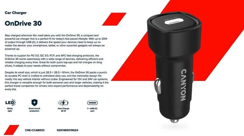 CANYON automobilio įkroviklis OnDrive 30 PD 30W USB-C Juodas