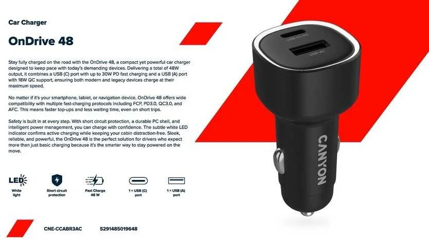 CANYON automobilinis įkroviklis OnDrive 48 PD 48W USB-A+USB-C Juodas