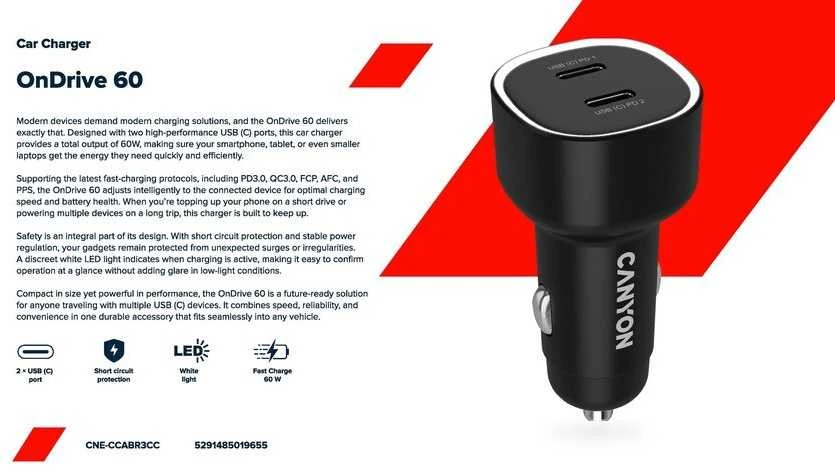 CANYON automobilinis įkroviklis OnDrive 60 PD 60W 2xUSB-C Juodas