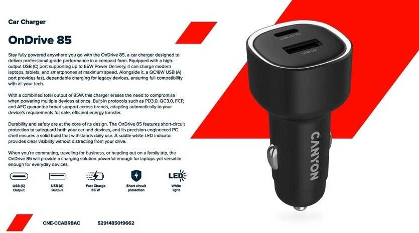 CANYON automobilinis įkroviklis OnDrive 85 PD 85W USB-A+USB-C Juodas