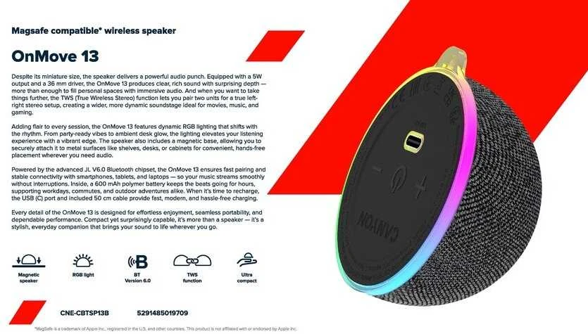 CANYON magnetinė BT kolonėlė OnMove 13 5W juoda