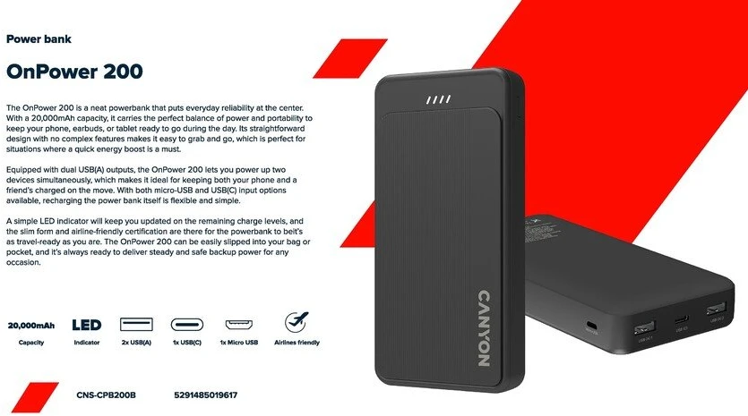 CANYON išorinė baterija OnPower 200 20000mAh Juodas