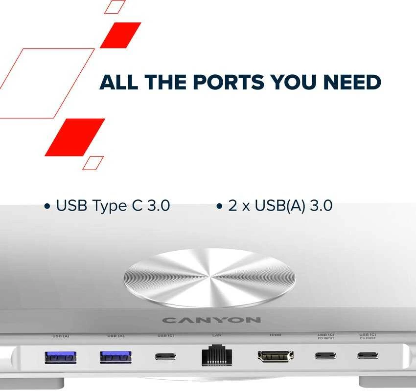 Canyon Nešiojamas kompiuterio stovas su šakotuvu, TYPE C F į HDMI2.0+2USB3.0+USBC3.0+RJ45+PD, TYEP C - C kabelis 1m baltas su Emark: HUSB332A, Medžiaga: Aliuminio korpusas+ABS+PS, Dydis: 245x240x27.2+/-0.3mm, Svoris: 1304g