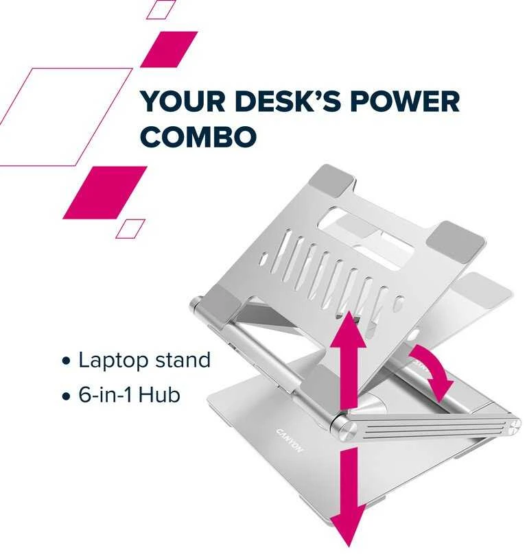 Canyon Nešiojamas kompiuterio stovas su šakotuvu, TYPE C F į HDMI2.0+2USB3.0+USBC3.0+RJ45+PD, TYEP C - C kabelis 1m baltas su Emark: HUSB332A, Medžiaga: Aliuminio korpusas+ABS+PS, Dydis: 245x240x27.2+/-0.3mm, Svoris: 1304g