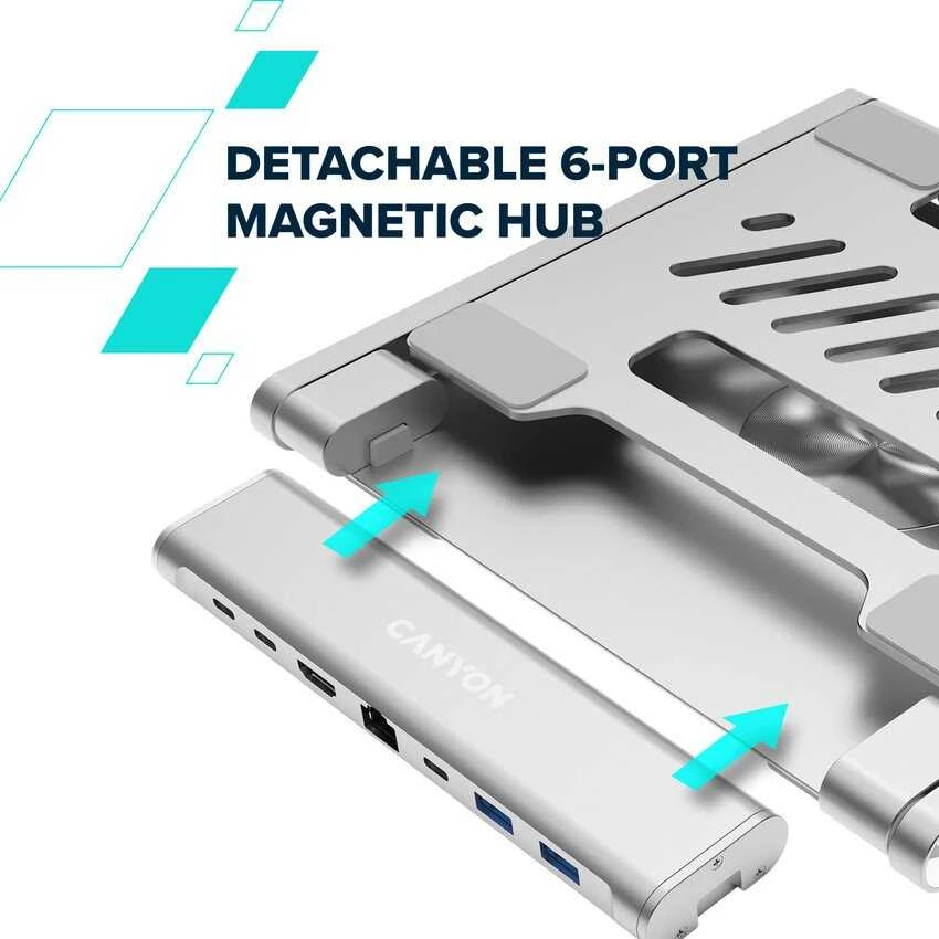 Canyon Nešiojamas kompiuterio stovas su šakotuvu, TYPE C F į HDMI2.0+2USB3.0+USBC3.0+RJ45+PD, TYEP C - C kabelis 1m baltas su Emark: HUSB332A, Medžiaga: Aliuminio korpusas+ABS+PS, Dydis: 245x240x27.2+/-0.3mm, Svoris: 1304g