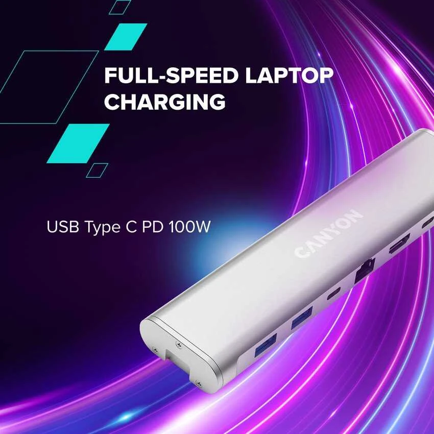Canyon Nešiojamas kompiuterio stovas su šakotuvu, TYPE C F į HDMI2.0+2USB3.0+USBC3.0+RJ45+PD, TYEP C - C kabelis 1m baltas su Emark: HUSB332A, Medžiaga: Aliuminio korpusas+ABS+PS, Dydis: 245x240x27.2+/-0.3mm, Svoris: 1304g