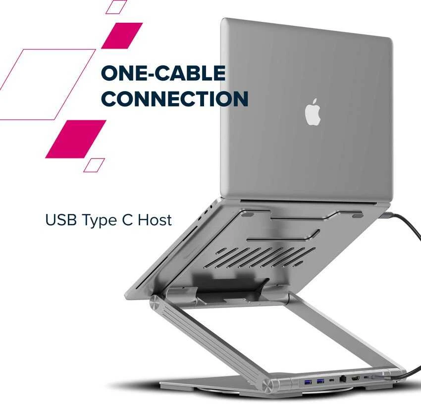 Canyon Nešiojamas kompiuterio stovas su šakotuvu, TYPE C F į HDMI2.0+2USB3.0+USBC3.0+RJ45+PD, TYEP C - C kabelis 1m baltas su Emark: HUSB332A, Medžiaga: Aliuminio korpusas+ABS+PS, Dydis: 245x240x27.2+/-0.3mm, Svoris: 1304g