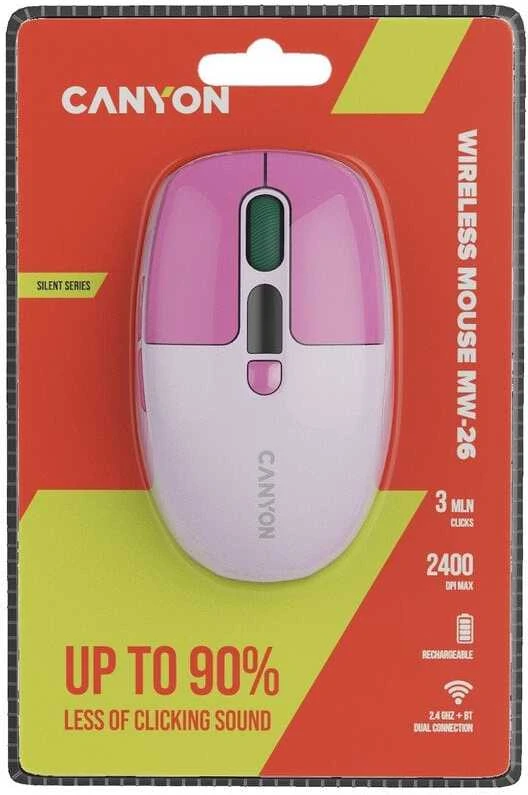 CANYON pelė MW-26 LCD tyli dvigubo režimo belaidė rožinė