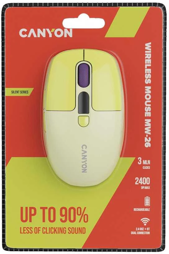 CANYON pelė MW-26 LCD tyli dvigubo režimo belaidė Geltona