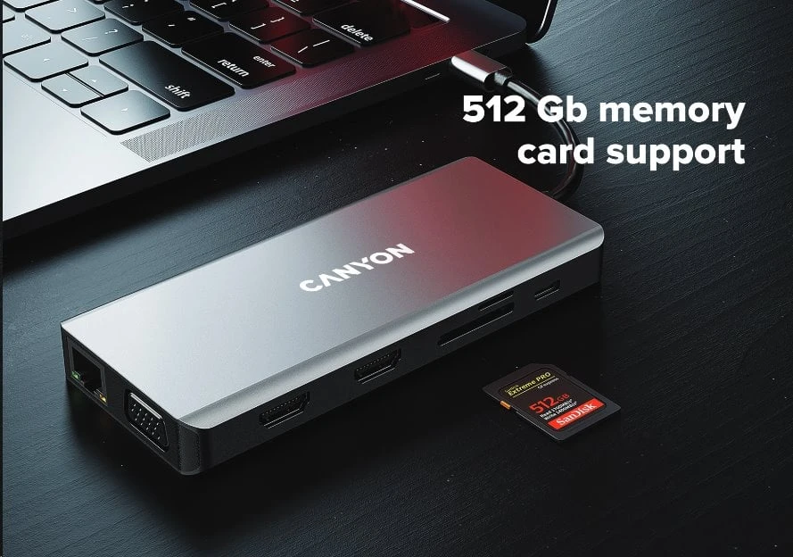 CANYON šakotuvas DS-12 13in1 4k USB-C Tamsiai pilka