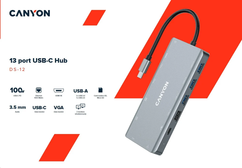 CANYON šakotuvas DS-12 13in1 4k USB-C Tamsiai pilka