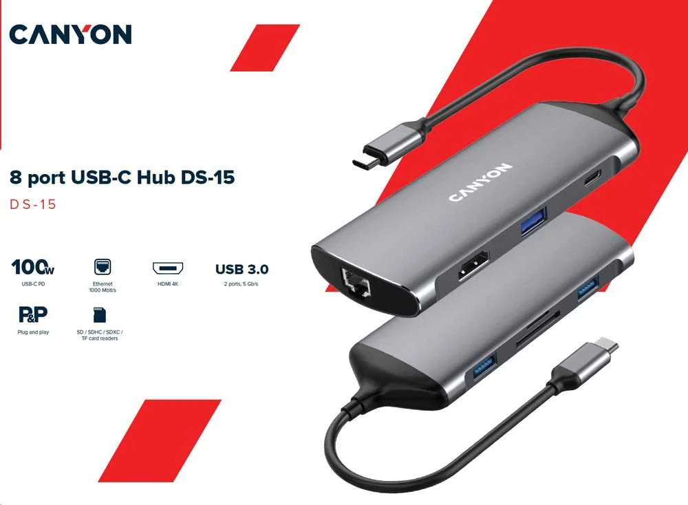 CANYON šakotuvas DS-15 8in1 4k USB-C Tamsiai pilka