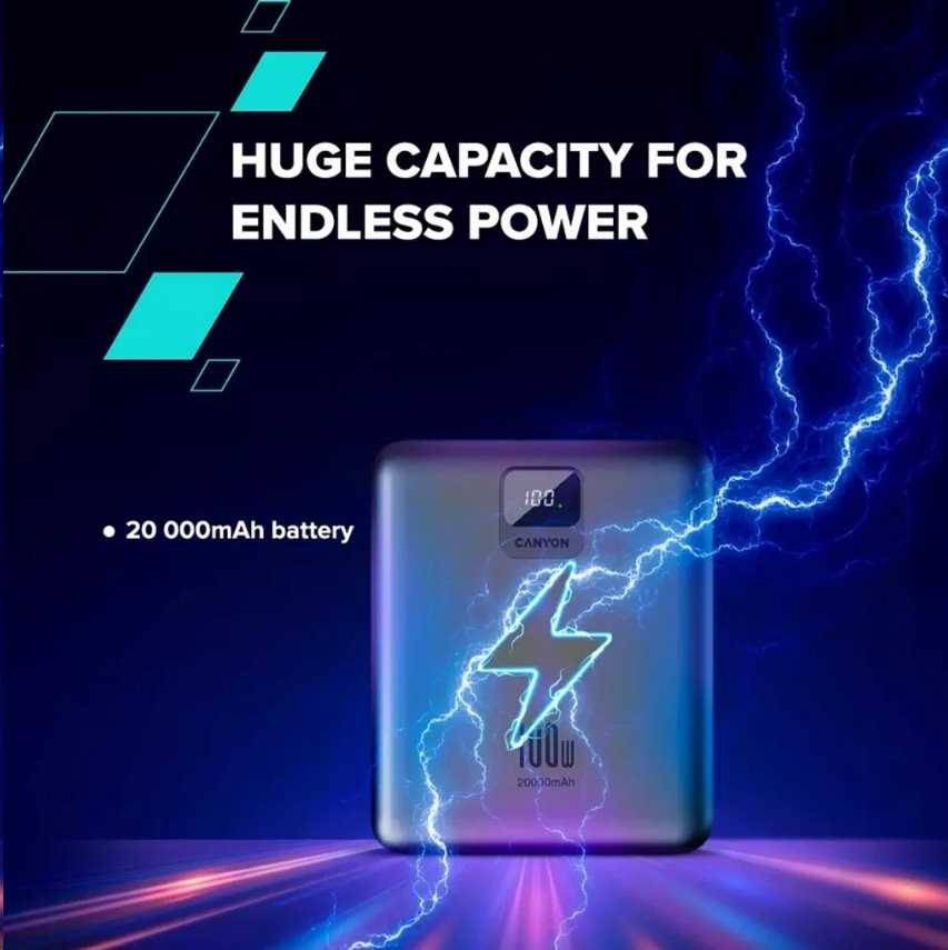 Canyon Powerbank PB-2008 LED 20000 mAh PD100W QC3.0 tamsiai pilka