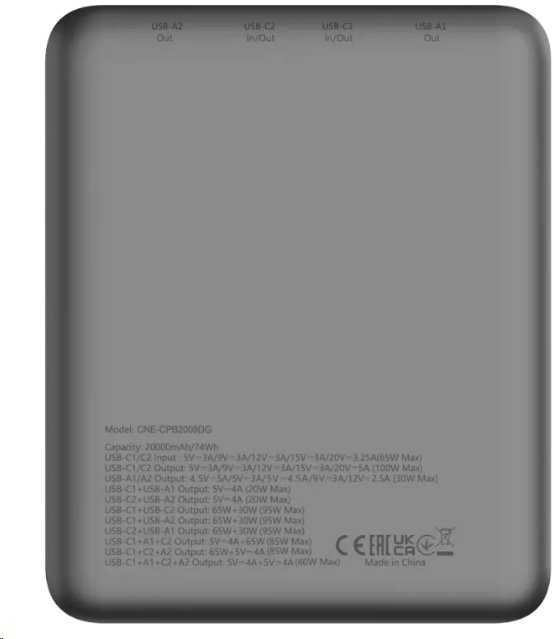 Canyon Powerbank PB-2008 LED 20000 mAh PD100W QC3.0 tamsiai pilka