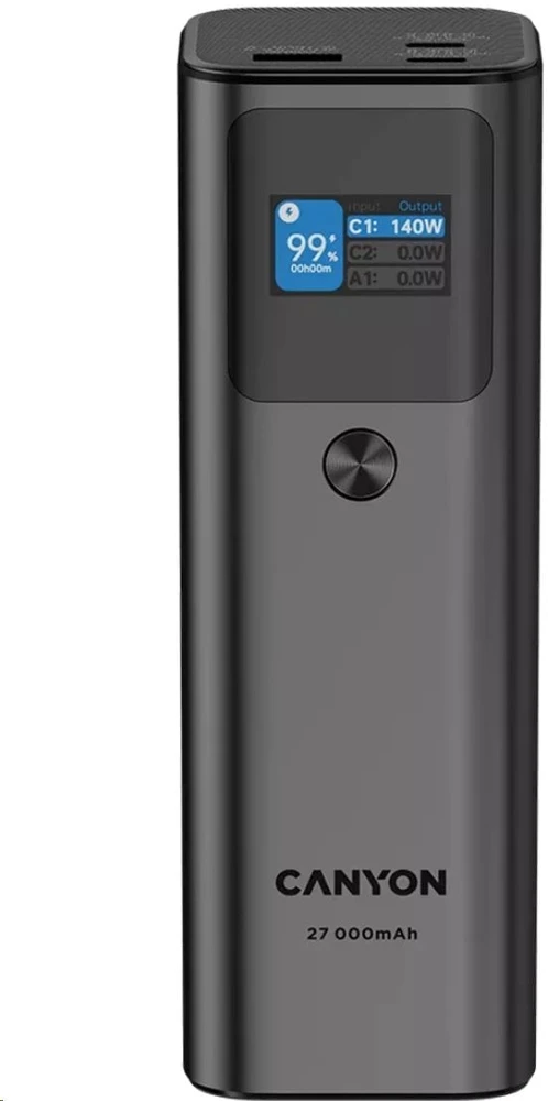 CANYON maitinimo blokas PB-2010 TFT 27000 mAh 97,2Wh PD140W QC 3.0 Tamsiai pilka