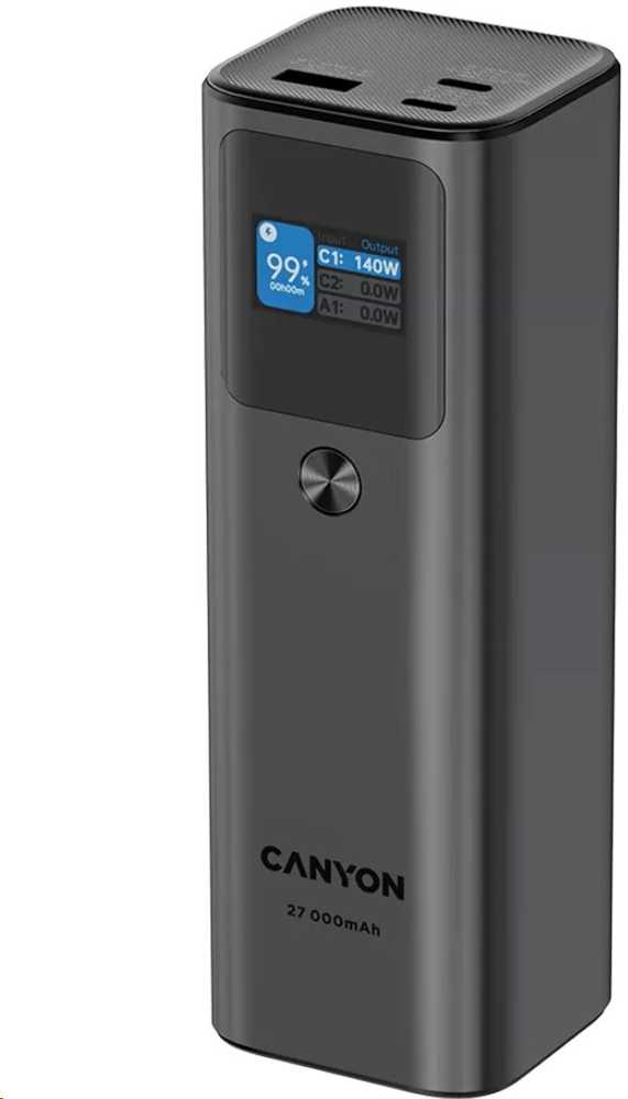 CANYON maitinimo blokas PB-2010 TFT 27000 mAh 97,2Wh PD140W QC 3.0 Tamsiai pilka