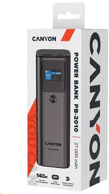 CANYON maitinimo blokas PB-2010 TFT 27000 mAh 97,2Wh PD140W QC 3.0 Tamsiai pilka
