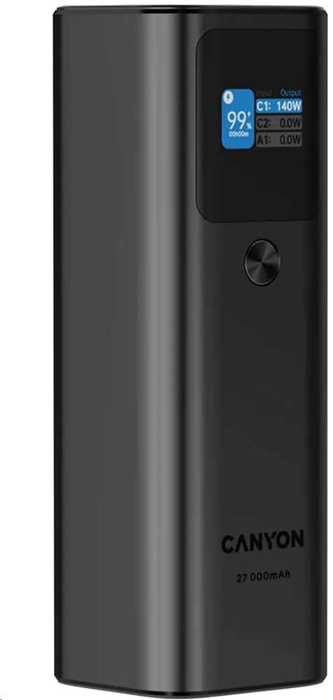 CANYON maitinimo blokas PB-2010 TFT 27000 mAh 97,2Wh PD140W QC 3.0 Tamsiai pilka