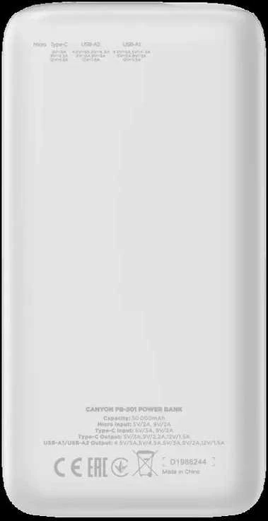 CANYON maitinimo blokas PB-301 LED 30000 mAh PD 20W QC 3.0 Juodas
