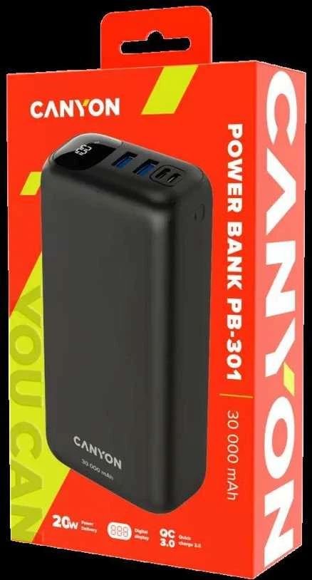 CANYON maitinimo blokas PB-301 LED 30000 mAh PD 20W QC 3.0 Juodas
