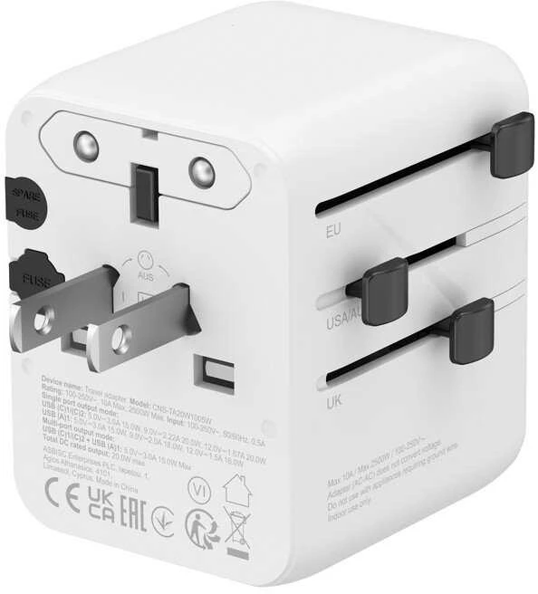 CANYON kelioninis adapteris OnTour 20 ES/JK/JAV/Australijos 20 W, baltas