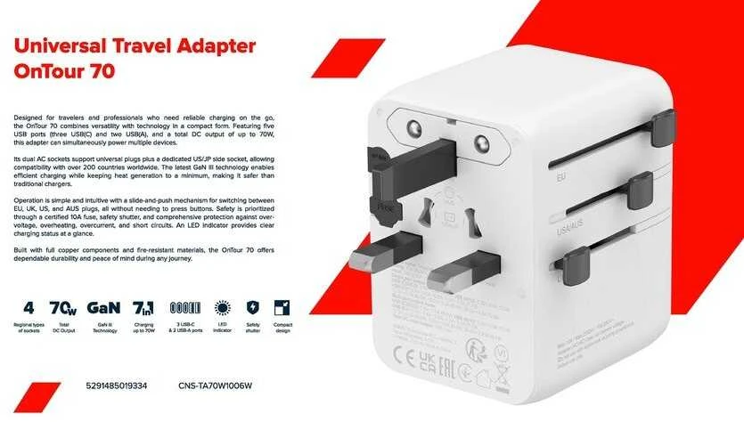 CANYON kelioninis adapteris OnTour 70 EU/JK/JAV/Australija 70W, baltas