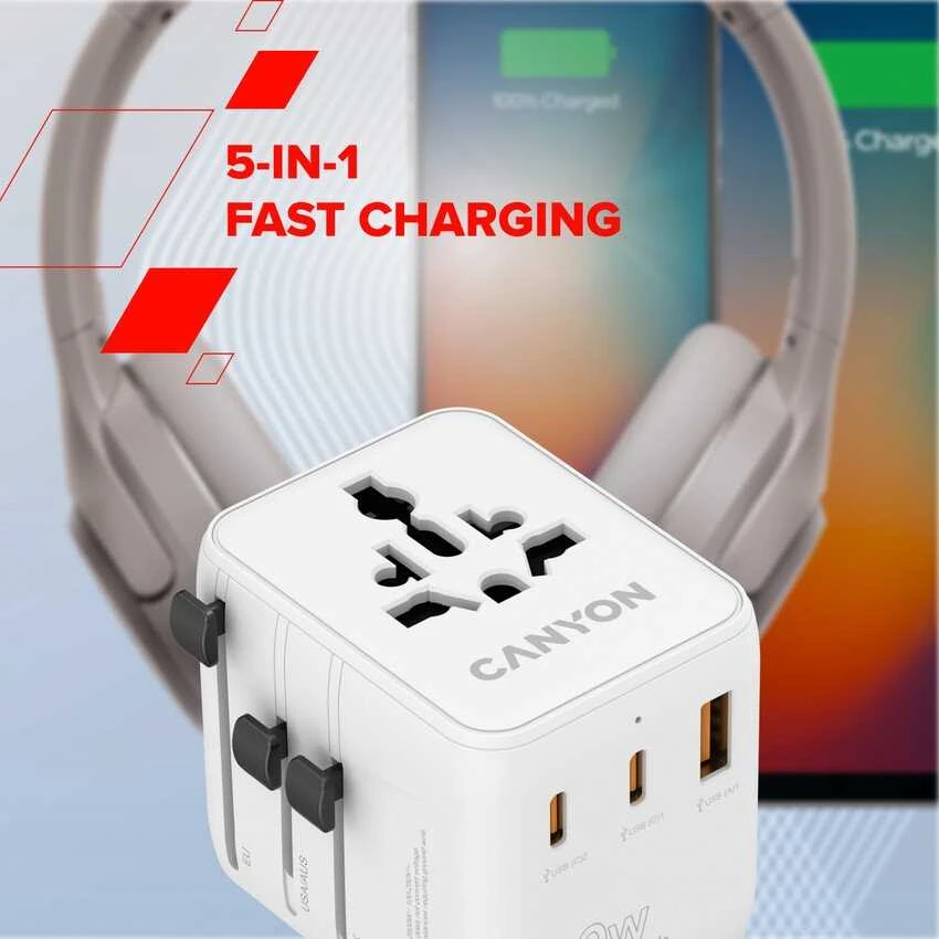 CANYON kelioninis adapteris OnTour 20 ES/JK/JAV/Australijos 20 W, baltas