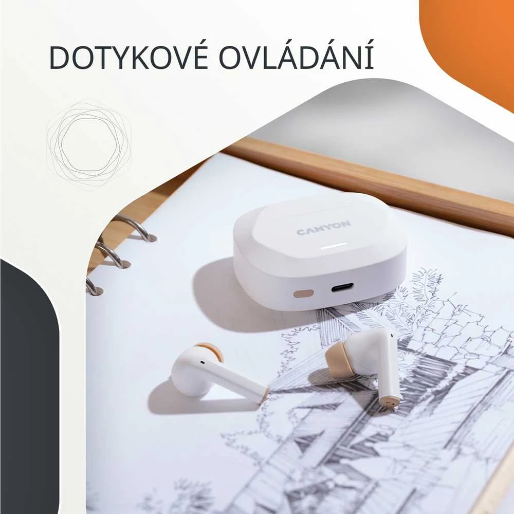 CANYON ausinės HEXAGON 7 TWS ANC+ENC belaidis įkrovimas baltas smėlio spalvos