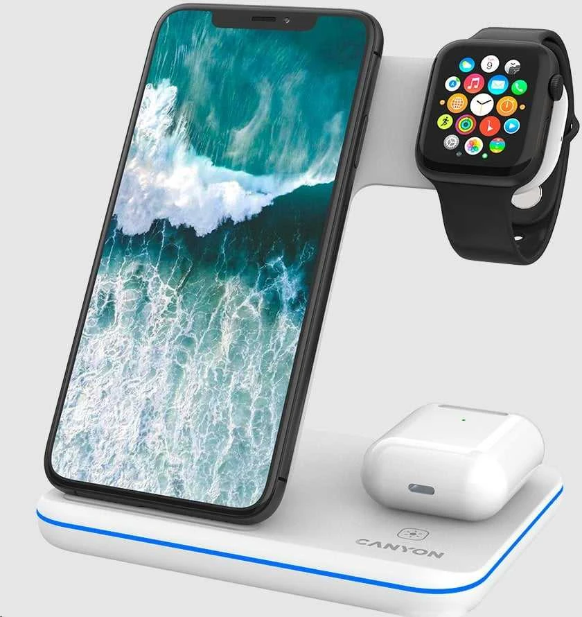 Universalus Belaidis įkroviklis Canyon 3in1 Wireless Charger WS-303, tinka vienu metu įkrauti Apple Watch, iPhone ir Airpods