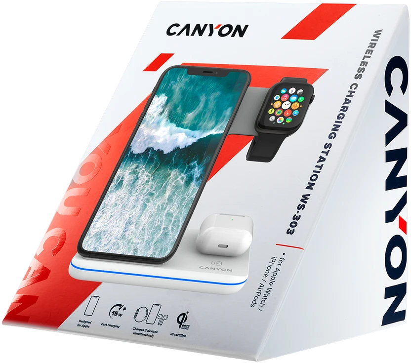 Universalus Belaidis įkroviklis Canyon 3in1 Wireless Charger WS-303, tinka vienu metu įkrauti Apple Watch, iPhone ir Airpods